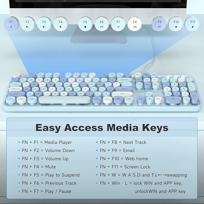 KNOWSQT Wired Computer Keyboard - Blue Colorful Retro Full Size Round Keycaps Plug and Play Typewriter Cute Keyboards for Windows, Laptop, PC, Desktop, Computer