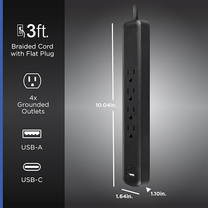 GE Surge Protector Power Strip, 4 Outlets, 1 USB-C & 1 USB-A Port (12W), 490J Protection, 3FT Braided Extension Cord, Flat Plug, Wall Mount, ETL Listed, Black, 84467