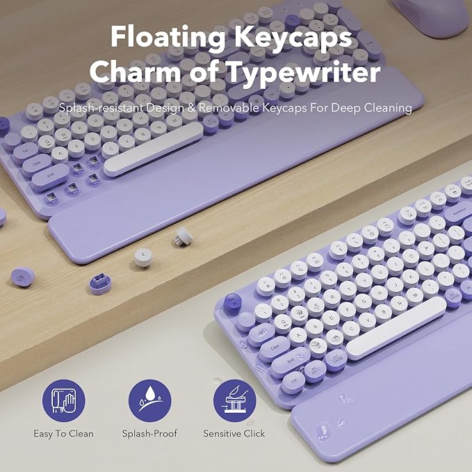 Wireless Keyboard and Mouse Combo, Cute Round Keycaps, Full-Size Retro Typewriter Keyboard with Detachable Wrist Rest, 2.4GHz Cordless Connection for Mac/Windows/PC/Laptop (Purple-Colorful)