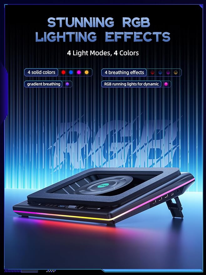 llano V12 Gaming Laptop Cooling Pad, RGB Laptop Cooler, Laptop Cooling Fan Stand with 5.5 Inch Powerful Turbofan, for 15.6-19in Laptop, Adjustable Speed, Dustproof, 3-Port USB Hub, Black (RGB)
