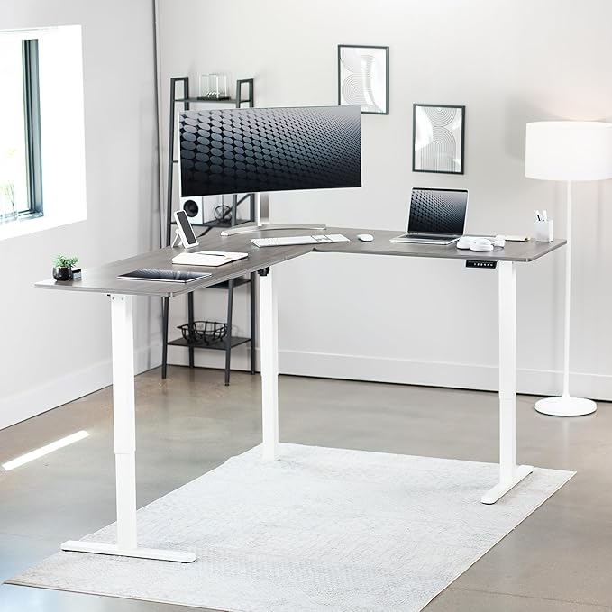VIVO Corner Standing Desk, 75 x 63 inch Reversible L-Shaped Workstation, Electric Height Adjustment, Home, Office, and Reception Rooms, Dark Gray Table Top White Frame, DESK-E3CTWG-75