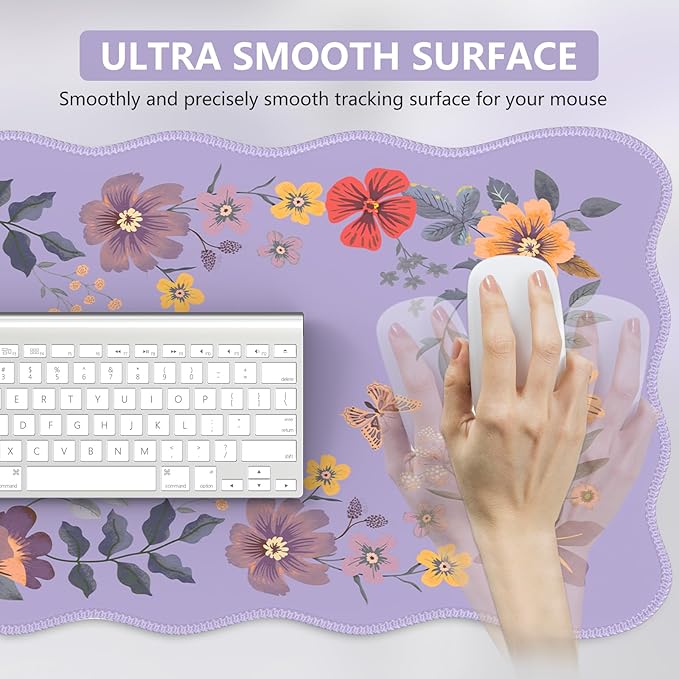 iCasso Large Mouse Pad, Scalloped Desk Matt for Desktop, Desk Pad Mat, Anti-Slip Big Mousepad with Stitched Edges, Floral Desk Mat for Keyboard and Mouse for Computer (Purple)