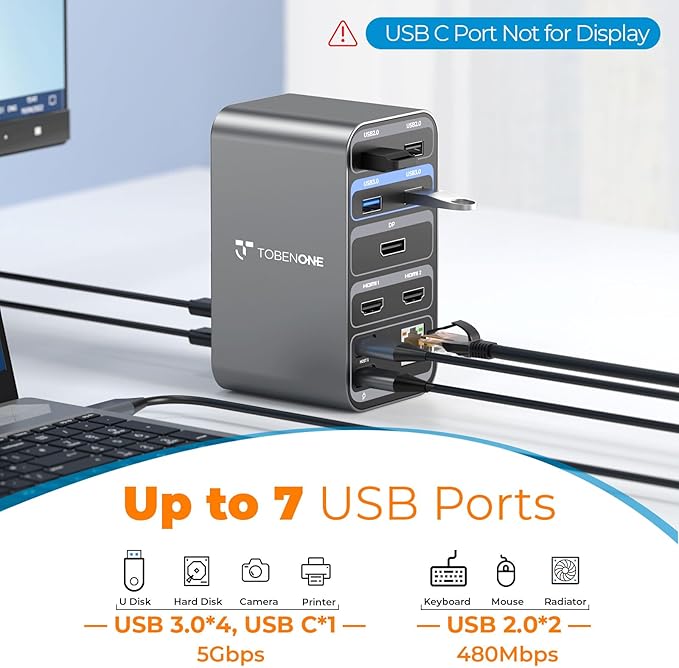 TobenONE Laptop Docking Station with 2 HDMI/DP, Docking Station Dual Monitor with Power Supply 100W, 7 USB-C/A Ports,Ethernet,Compatible for Thunderbolt 4/3 Windows/Dell/HP/Lenovo