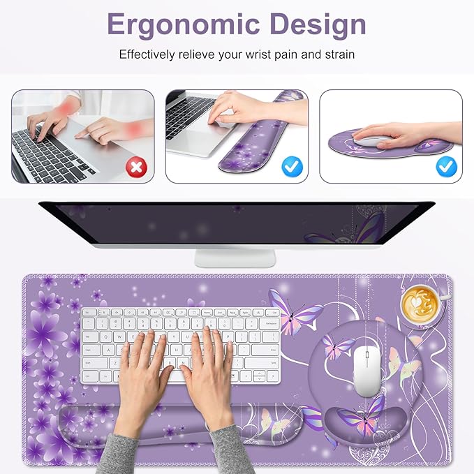Purple Butterflies Florals Mouse Pad, XXL Large Desk Mat Extended Reading Desk pad, 4PCS Non-Slip Rubber Base Computer Big Mousepads for Work, Game, Office, Home Decor Girls Woemn Gifts Accessories