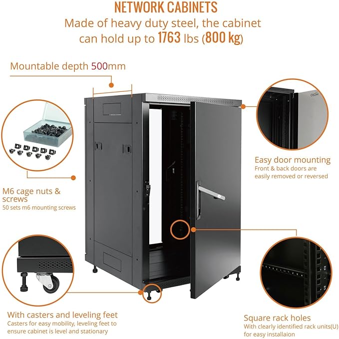 Tecmojo Fully Assembled 18U Network Cabinet AV Rack Black Equipment Rack Enclosure with Casters/Locking Doors with Dual Fan, PDU and Cantilever Shelf Installed (23.6inch DEEP Glass Door)