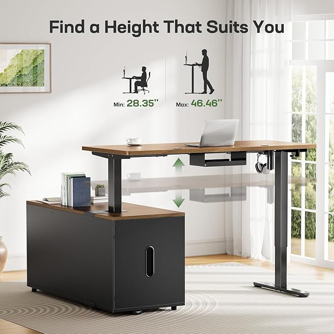 Marsail L-Shaped Executive Standing Desk with File Cabinet, 55" x 24" Electric Height Adjustable Stand up Desk, One-Whole Piece Desktop, Home Office Modern Computer Desk with 4 Memory Presets