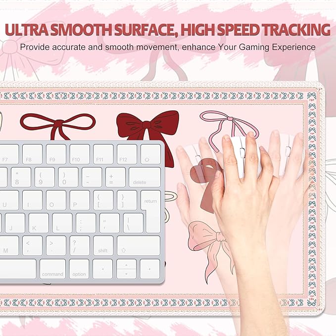 Desk Pad for Keyboard and Mouse, Large Mouse Pad for Desk, Non-Slip Keyboard Mat, Computer Mats for Desk, Desk Pad with Stitched Edges for Office, Gaming Girl Women I Cute Pink Red Bow