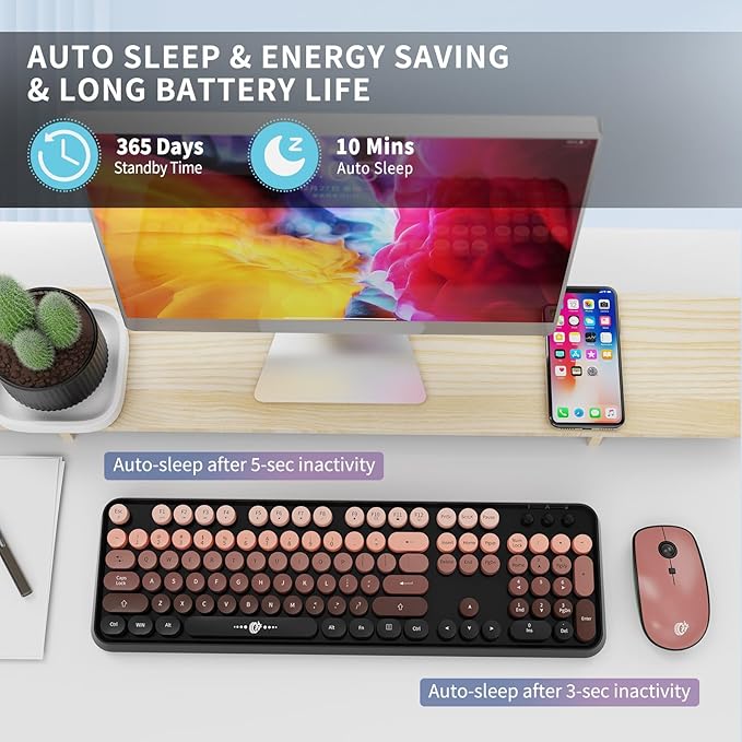 Wireless Keyboard and Mouse Combo, Retro Typewriter Style Keyboard with Cute Round Keycaps, 2.4GHz Bubble Creamy Keyboard for Long Nails, Clicky Mouse with 3 DPI for PC Computer Laptop Desktop (Black)