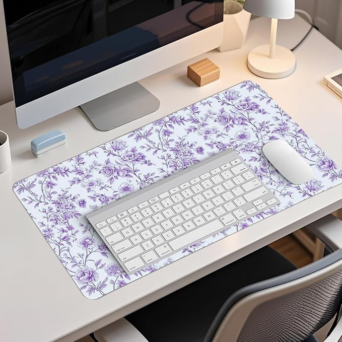 Purple Chinoiserie Mouse Pad,Vintage Purple and White Floral Desk Mat,XL Large Vintage Flowers Preppy Mouse Pad,Girly Laptop Desk Mat for Dorm Home Office,23.6x11.8 Inch