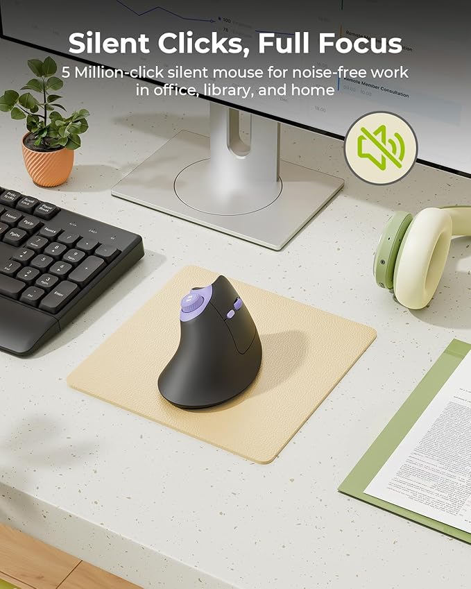 seenda Ergonomic Mouse Wireless, MOU-302 Bluetooth Vertical Mouse Rechargeable, Optical Mice with 1000/1600/2400 DPI, Volume Knob, 3 Multi-Device Connectivity for Computer/PC/Laptop/Mac, Black Purple