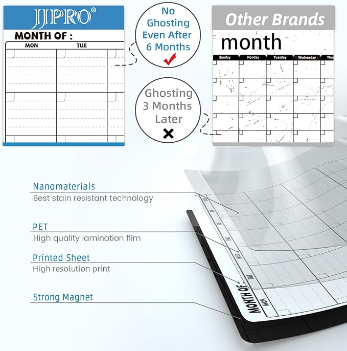 JJPRO Magnetic Dry Erase Monthly Calendar Whiteboard Set for Fridge- Reusable Monthly Calendar and Weekly Planner for Refrigerator-Starts Monday-Magnetic Weekly Planner Bundle-16.5"x11"