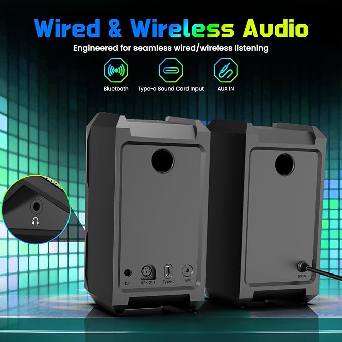 Computer Speakers for Music and Gaming, DC Adapter Powered Speakers for Desktop PC or Laptop, Bluetooth 5.3 Desktop Speaker, 10 RGB Modes, 3.5mm Aux in, Headphone Port, Type-c Port, 30W, 3 EQ