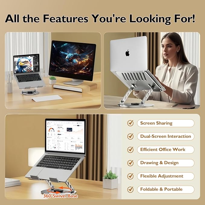 Laptop Stand for Desk - All-Metal Ergonomic Computer Stand & Laptop Riser, 360° Rotatable & Adjustable & Foldable, Laptop Holder for MacBook Pro/Air, Dell XPS, HP, Notebooks (10-17.3"), Gray