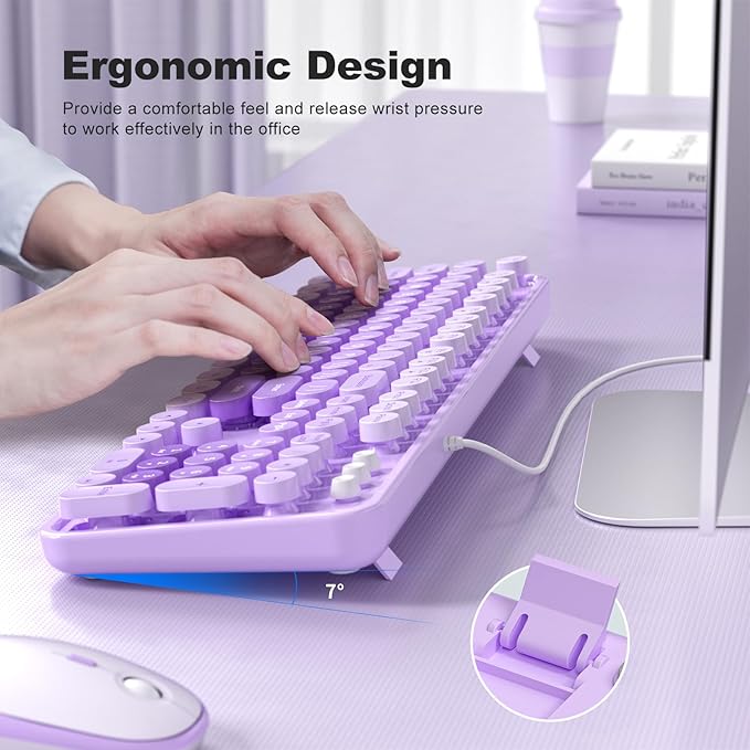 MOFII Keyboard Wired Large Print, Computer Keyboard Plug Play, Colorful Retro Round Typewriter Keyboard with Numeric Keypad and Media Hotkey for Windows PC Laptop (Pale Purple)