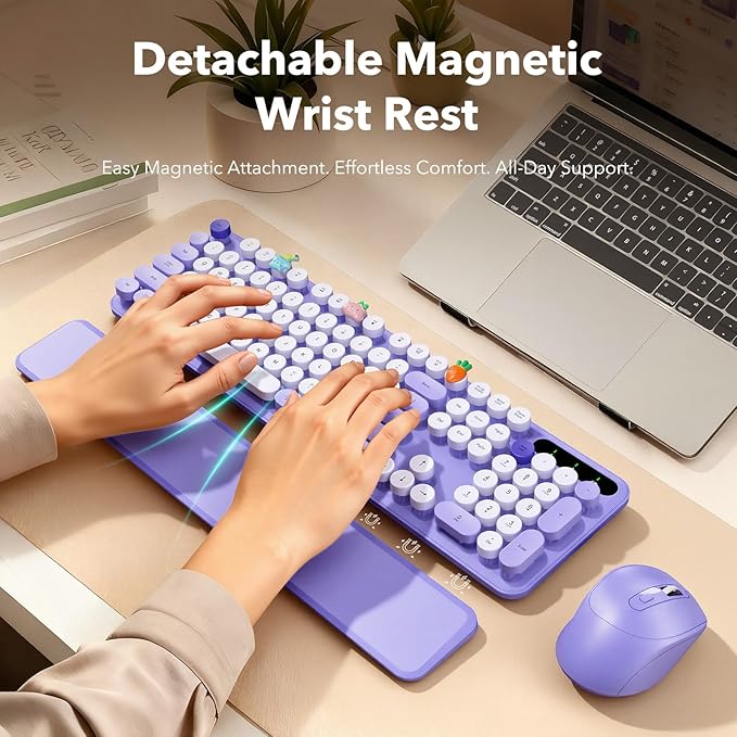 Wireless Keyboard and Mouse Combo, Round Keycaps, Full-Size Retro Typewriter Keyboard with Magnetic Wrist Rest, Sleep Mode & Tilt Legs, 2.4GHz Cordless Connection for Mac, Windows PC (Lilac Purple)