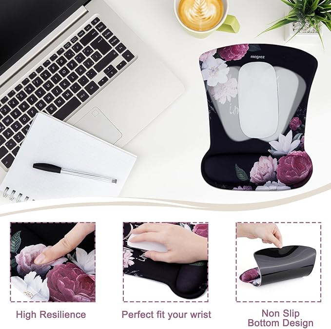 MEGREZ 4-in-1 Ergonomic Memory Foam Wrist Rest Set, Desk Pad, Mouse Pad with Wrist Rest, Keyboard Pad, Suitable for Office Workers, Programmers & Gamers–Relieve Typing & Gaming Fatigue, Black