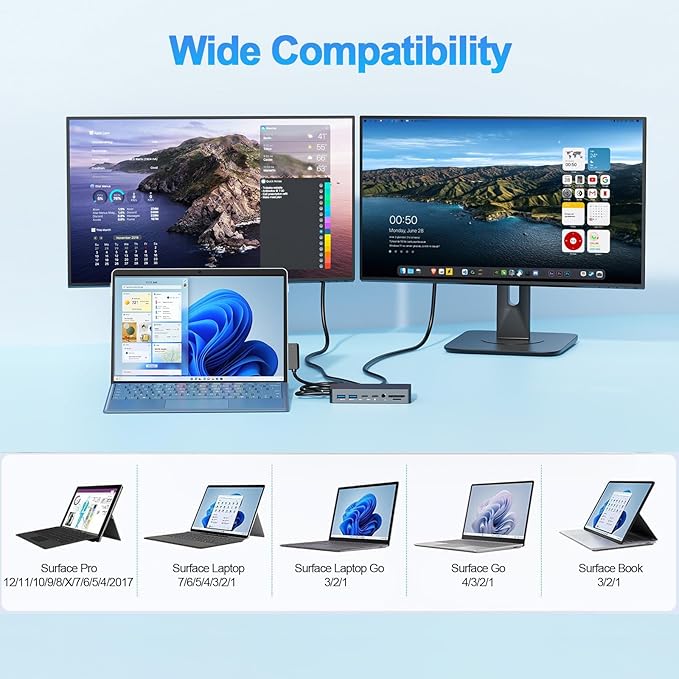 New Surface Dock Triple Displays Dual HDMI+VGA with Power Adapter,12 in 1 Surface Docking Station for Surface Pro 12/11/10/9/8/X/7/6/5/4/3,Surface Laptop 7/6/5/4/3/2/1,Surface Book Go