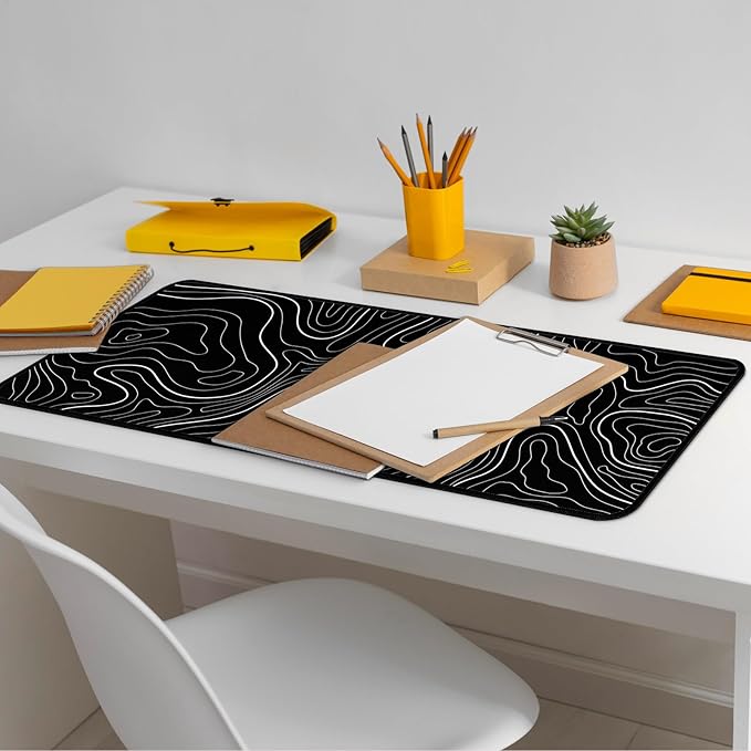 Large Computer Mouse Pad with Non-Slip Base for Desktop, Cute Gaming Mouse Mat with Stitched Edges, Long Extended Anime Mousepad for Laptop, 31.5 x 11.8 inches (Black Topographic Map)