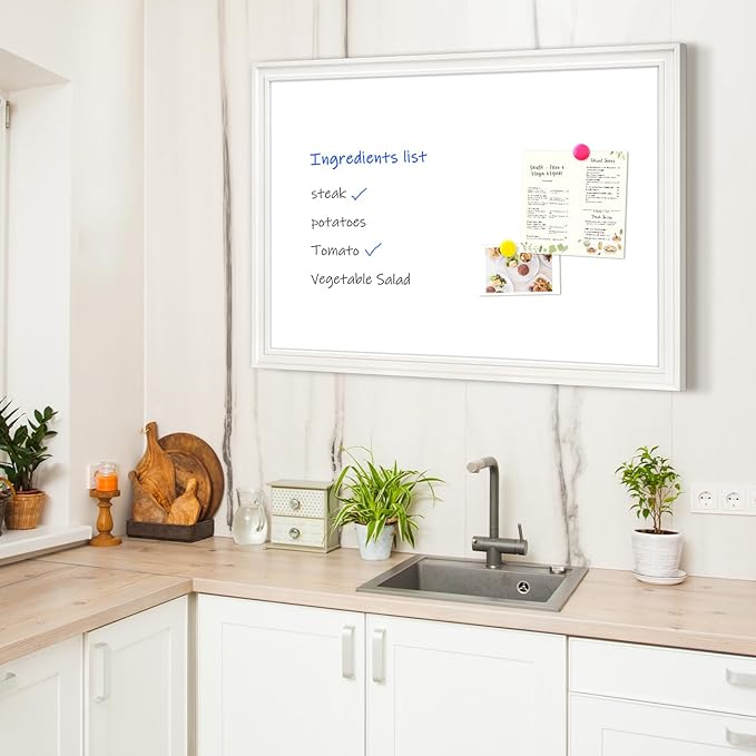 4 THOUGHT Dry Erase Board, 36 x 24 in Magnetic Whiteboard Wood Frame Wall-Mounted White Board Decorative Planner Notice Board for School, Office, Home, 8 Magnets 4 Markers 1 Eraser, White