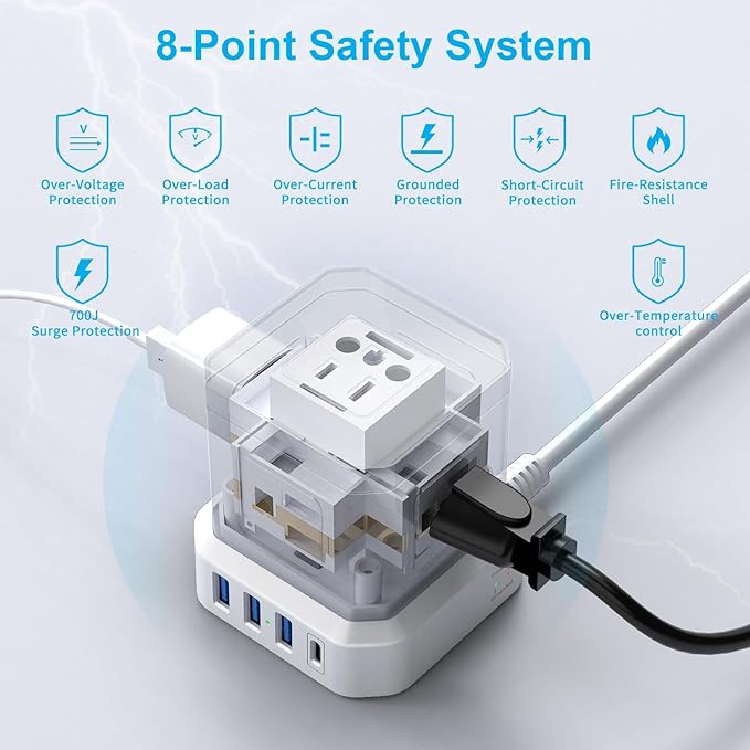Extension Cord 25 FT, TOPREK 5 AC Outlets 4 USB, Power Strip with USB, USB C (15.5W/3.0A) Power Strip Surge Protector, Flat Plug Extension Cord for Apartment, Home Studio, RV