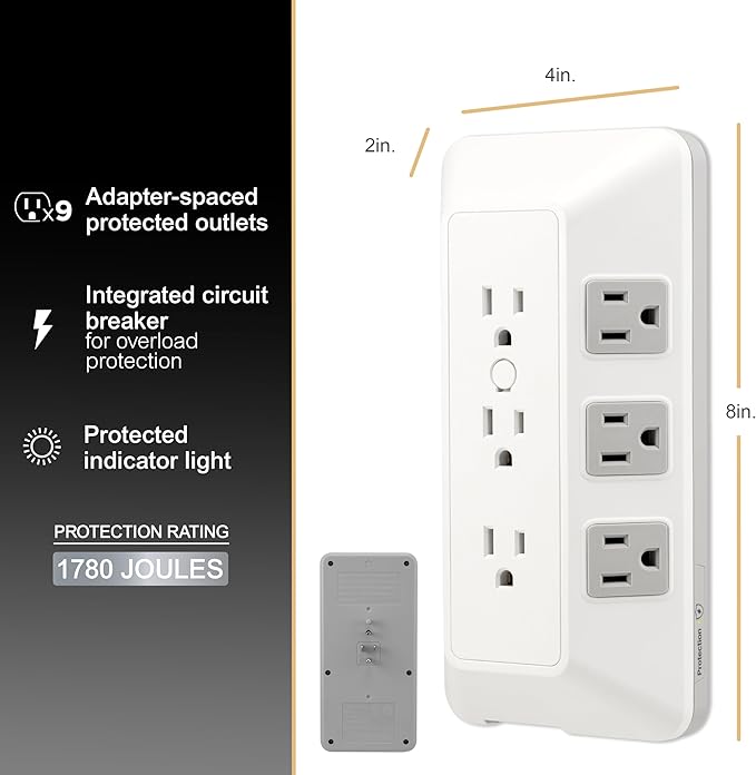 GE 9-Outlet Surge Protector, Multi Plug Outlet Extender, Wall Tap, Adapter Spaced, for Home, School, and Office, 1780 Joules, White/Gray - 73628