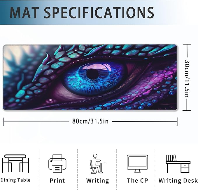 Desk Mat, Blue and Purple Fantasy Dragon Eye Extended Gaming Mouse Pad Large, 31.5"x11.8" Big Mouse Pad with Non-Slip Base and Stitched Edge, Long Computer Keyboard Mouse Mat for Home Office Work
