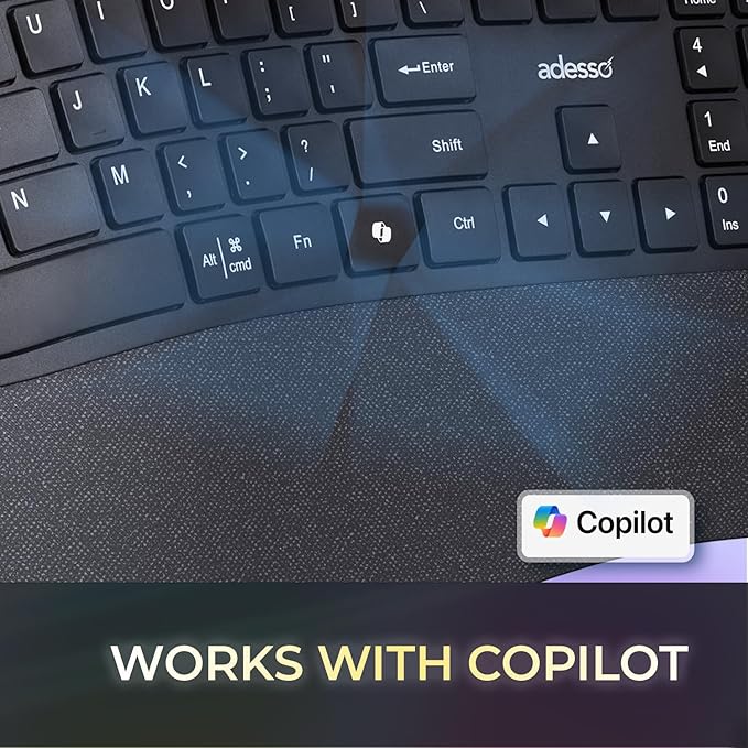 Adesso WKB-7500CB Wireless Ergonomic Keyboard and Mouse Combo with Copilot AI Hotkey Scissor Switch Keys Split Keyframe Design Adjustable DPI Optical Mouse for Windows Mac PC Laptop Black