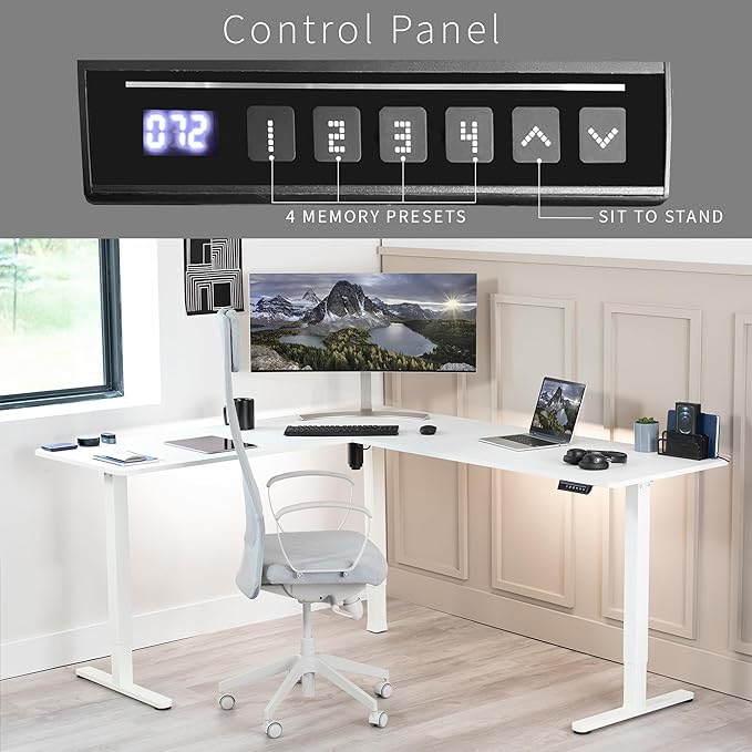 VIVO Corner Standing Desk, 75 x 63 inch Reversible L-Shaped Workstation, Electric Height Adjustment, Home, Office, and Reception Rooms, White Table Top White Frame, DESK-E3CTW-75