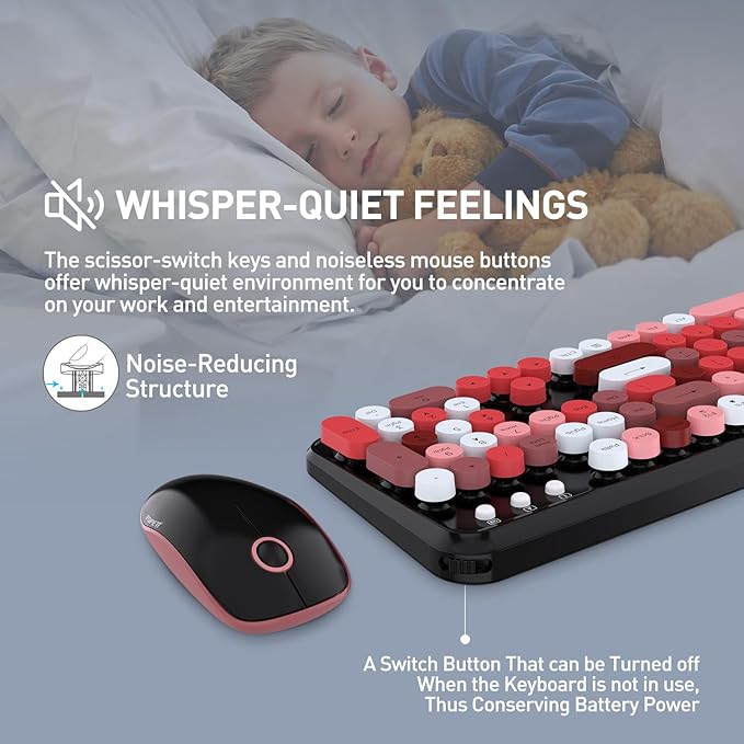 Keyboard and Mouse Wireless,Cute Retro Wireless Keyboard Mouse Combo with Round Key,2.4Ghz Dropout-Free Connection,Typewriter Wireless Keyboard Mouse Set for PC Laptop Desktop Computer-Black Colorful