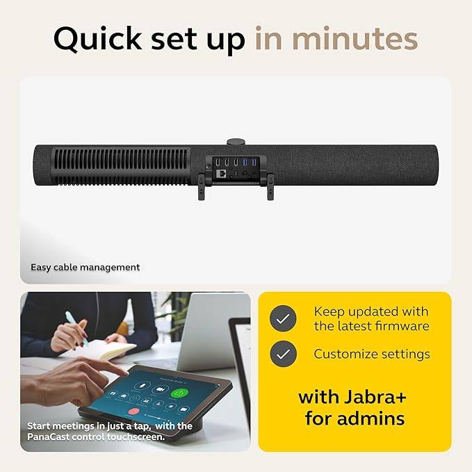 Jabra PanaCast 50 Video Bar System - All-in-one Meeting Room Solution, Audio bar, 180° Full-Room Webcam, Intelligent AI-Enabled Features, and PanaCast Control Touchscreen - Zoom Certified - Black