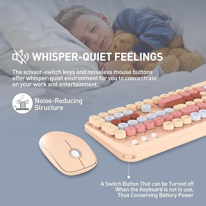 FOPETT Wireless Keyboard and Mouse Combo, 105 Keys Full-Sized 2.4 GHz Round Keycap Colorful Keyboards, USB Receiver Plug and Play, for Windows, Mac, PC, Laptop, Desktop (Milkteacolorful)