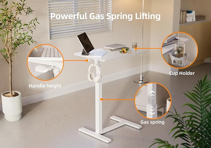 Claiks Mobile Overbed Table with Wheels - 25.5" Adjustable Height Standing Desk for Hospital & Home Use, 22lbs Capacity, Ergonomic Rolling Laptop Cart, White