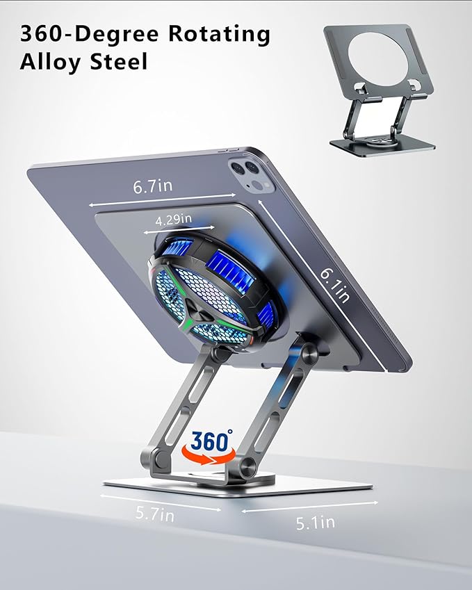 Magnetic Cooler for iPad,Tablet Cooler for ipad/Surface pro/Samsung Tab,Universal Radiator with Temperature Display for Mobile Gaming,Tiktok Live Streaming(Including Tablet Stand Holder)