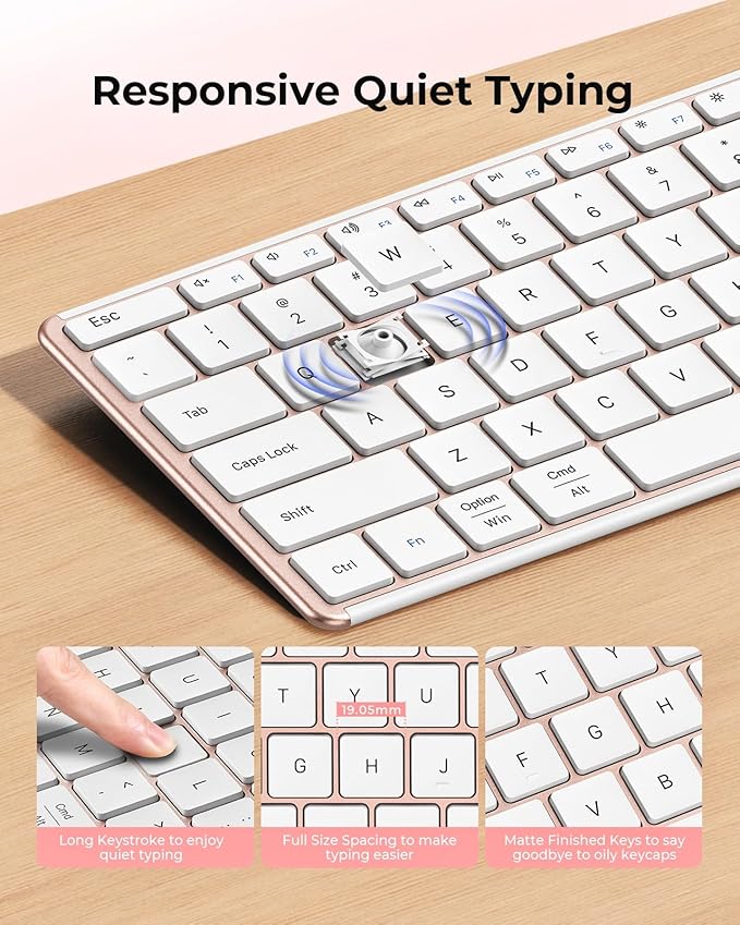 seenda Wireless Bluetooth Keyboard and Mouse Combo, SKM64-3 Rechargeable Slim Quiet Keyboard Mouse, 3 Multi-Device Connection, Compatible for Windows, Mac, MacBook, iPad, Tablet, White Rose Gold