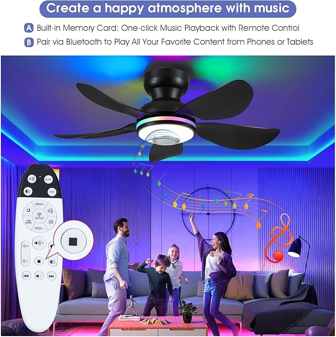36" Ceiling Fans with RGB Lights Remote/APP Control,Low Profile Ceiling Fan,3 CCT Dimmable White Lights+RGB Ring Lights+Music Player,5 Reversible Plastic Blades 6 Speeds for Kidsroom,Black