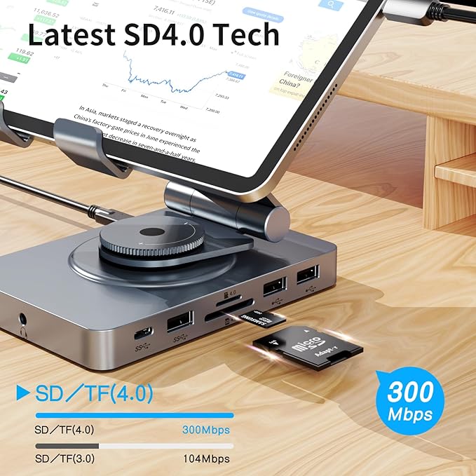 360° Rotating USB C Docking Station for iPad Pro, Tablet, Samsung, Steam Deck, ROG Ally, Legion Go, Msi Claw, etc, 11-in-1 with SD TF 4.0 Reader, 4K@60Hz HDMI, RJ45, Audio, USB A, USB C