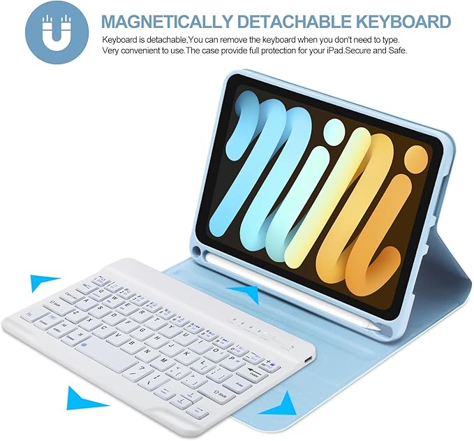 BORIYUAN Keyboard Case for iPad mini (A17 Pro) 7th Generation 2024 / iPad mini 6th Gen 8.3 Inch, Detachable Wireless Bluetooth Keyboard, Soft TPU Back Cover with Build-in Pencil Holder, Sky Blue