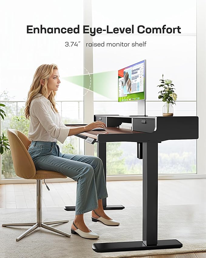 Marsail Electric Standing Desk with Drawers, 48 x 24 Inch Stand Up Desk with Glass Monitor Stand, Height Adjustable Desk with Drawers for Home & Office, 4 Preset Heights, Black Walnut