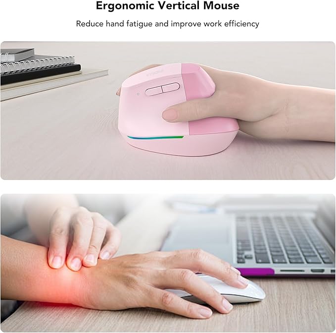 KYSONA Wireless Ergonomic Mouse, Vertical Mouse, Bluetooth Ergo Mouse, Quiet Click, 5 Level Adjustable DPI(800/1200/2400/2400/4000), Rechargeable 2.4G Mice Computer, PC, Mac, Laptop, Pink
