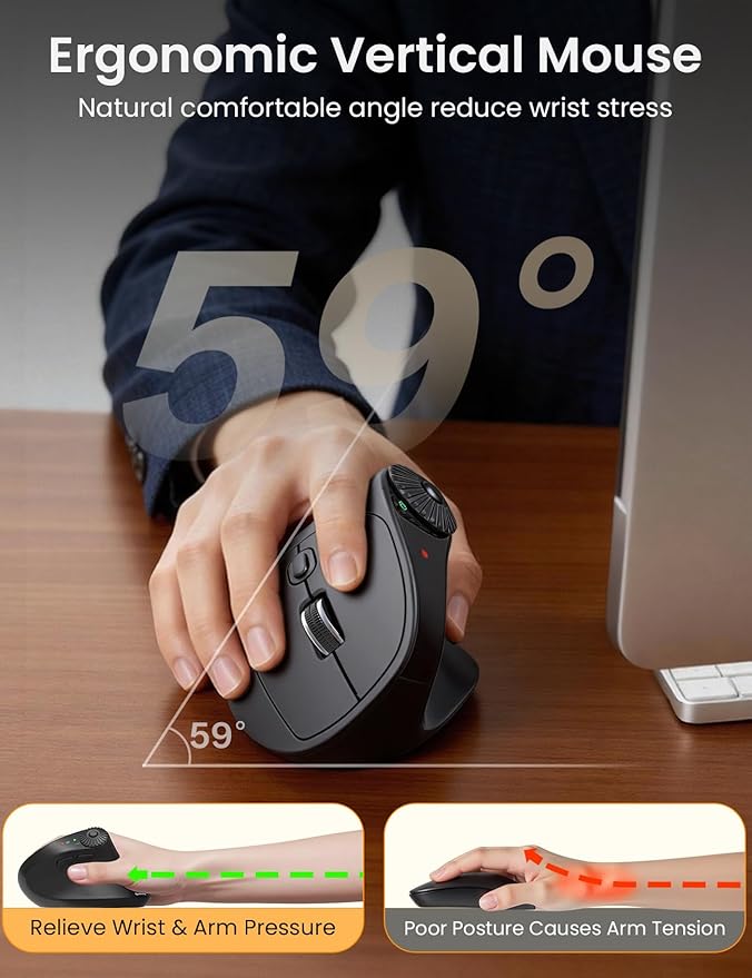 SABLUTE MAM51 Ergonomic Mouse Wireless with Side Scroll Wheel,Bluetooth Mouse with 4000 DPI,8 Buttons Office Wireless Computer Mouse,Small to Medium Sized Hands Vertical Mice for PC and Desktop-Black