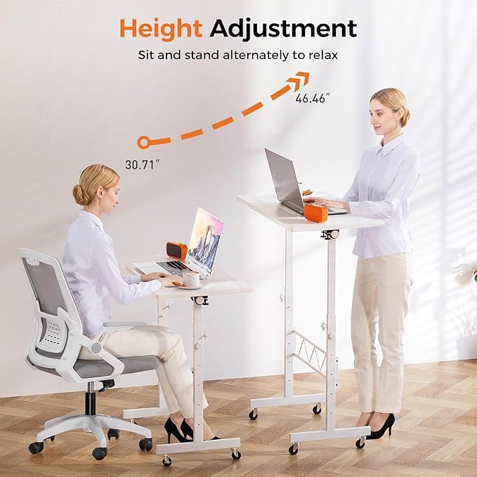 GTPLAYER Standing Desk Adjustable Height & Tiltable Tabletop, 32 Inch Portable Desk for Home Office Stand Up Work and Walking Pad Treadmill, Small Mobile Computer Table for Laptop, White