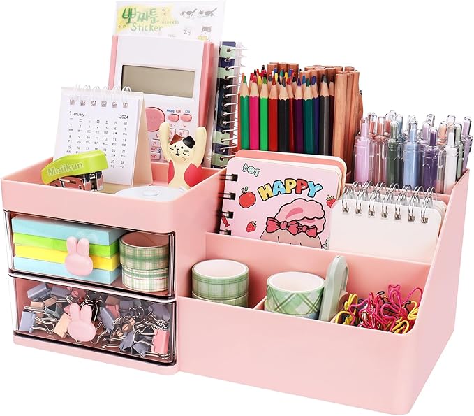 Desk Organizer, Makeup Organizer with 2 Drawers, 7 Compartment & a Top Tray, Desktop Organizers and Storage for Women, Cute Home organization Bathroom, 11" x 5.7" x 4.7" (Pink)