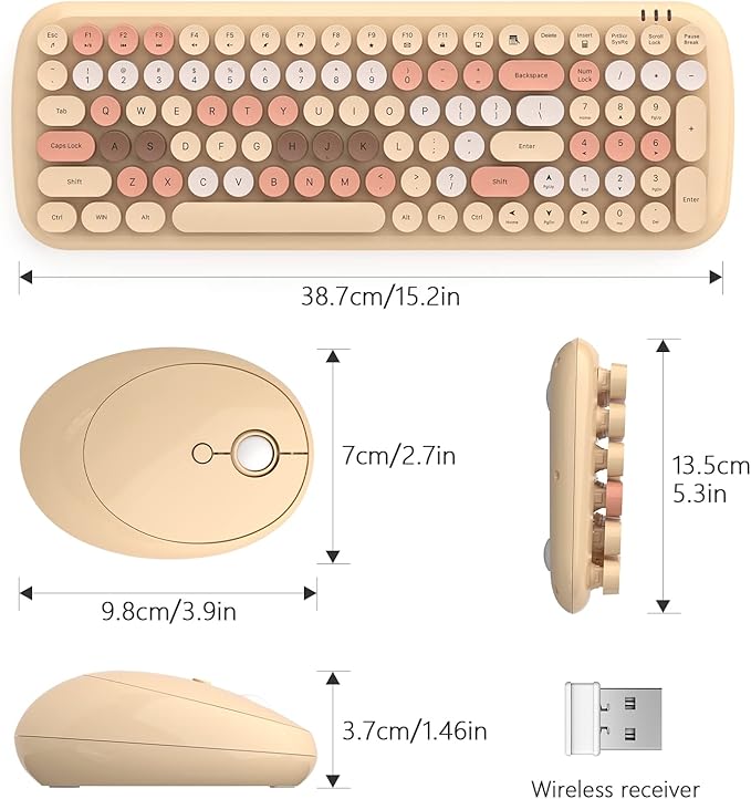 MOFII Wireless Keyboard and Mouse Combo, Full-Size Retro Typewriter-Style Wireless Keyboard with Optical Mouse for Computer/Laptop/Windows/Mac (Milk Tea Colorful-B)