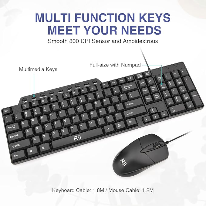 (2PACK) Wired Keyboard and Mouse,Rii RK203 Ultra Full Size Slim USB Basic Wired Keyboard Mouse Combo Set with Number Pad for Computer,Laptop,PC,Notebook,Windows
