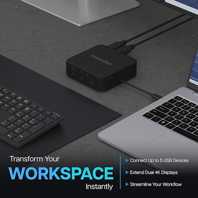 VisionTek VT1200DL USB-C Docking Station Dual 4K – 2X HDMI, 2X DisplayPort, 100W Power Passthrough, Universal Laptop Dock for Windows, MacBook, Chromebook