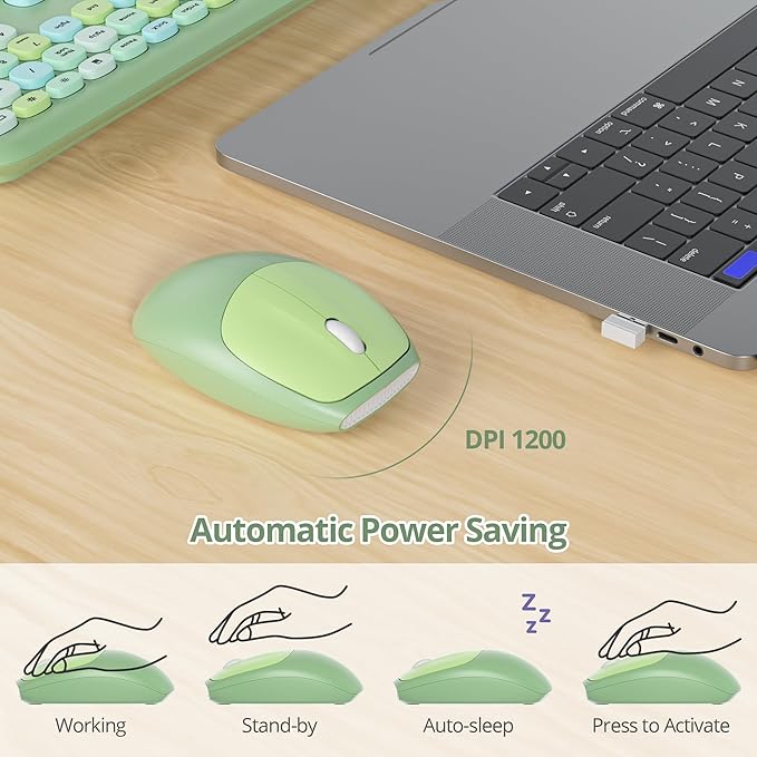 Surmen Cute Colorful Green Keyboard and Mouse Wireless Silent, Full-Size Retro Typewriter Wireless Quiet Slim Keyboard Low-Noise 2.4GHz for Computer, Desktop, Laptop(Sage Green)