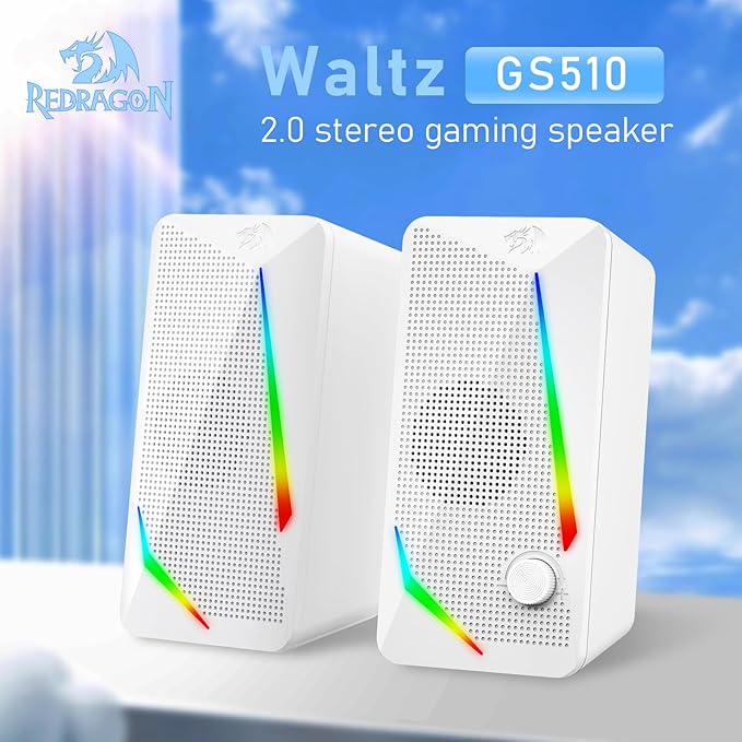 Redragon GS510 RGB Desktop Speakers, 2.0 Channel PC Computer Speaker with 4 Colorful LED Backlight Modes, Enhanced Bass and Easy-Access Volume Control, USB Powered w/ 3.5mm Cable, White