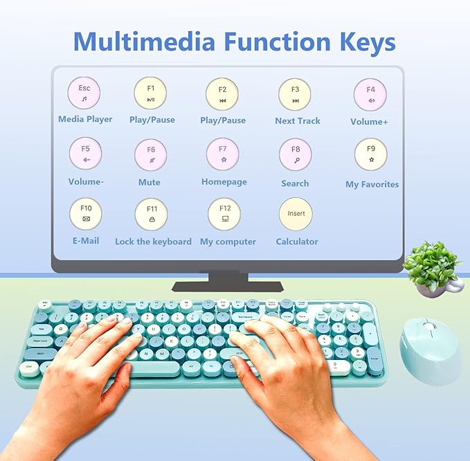 Wireless Keyboard and Mouse Combo, Ergonomic Cute Retro Typewriter Full Size Colorful USB Cordless Keyboard Mouse Set for Gaming and Office (Blue)