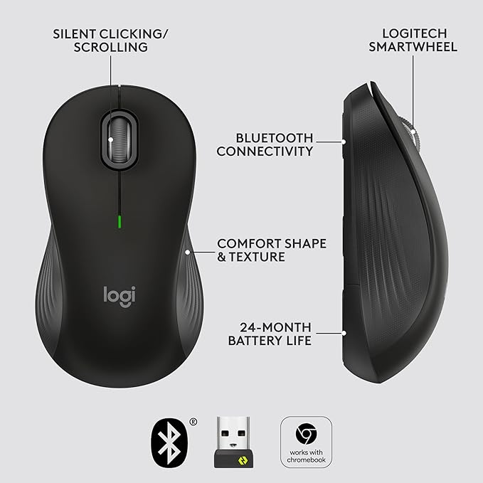 Logitech Signature M550 Wireless Mouse - for Small to Medium Sized Hands, 2-Year Battery, Silent Clicks, Bluetooth, Multi-Device Compatibility - Black
