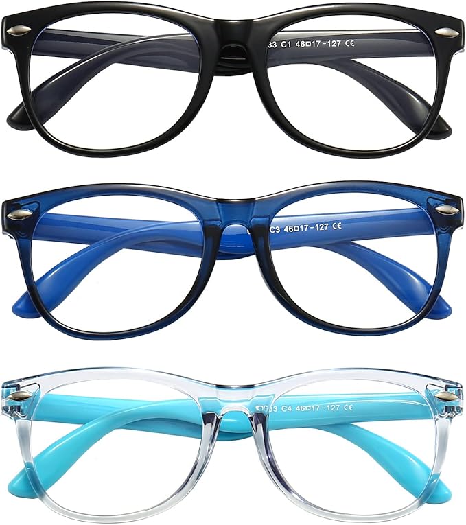 3 Pack Kid Blue Light Glasses For Kids Girls Boys Computer Blue Light Kids Glasses Clear Glasses Age 3-9 (Black + Dark blue + Light blue)